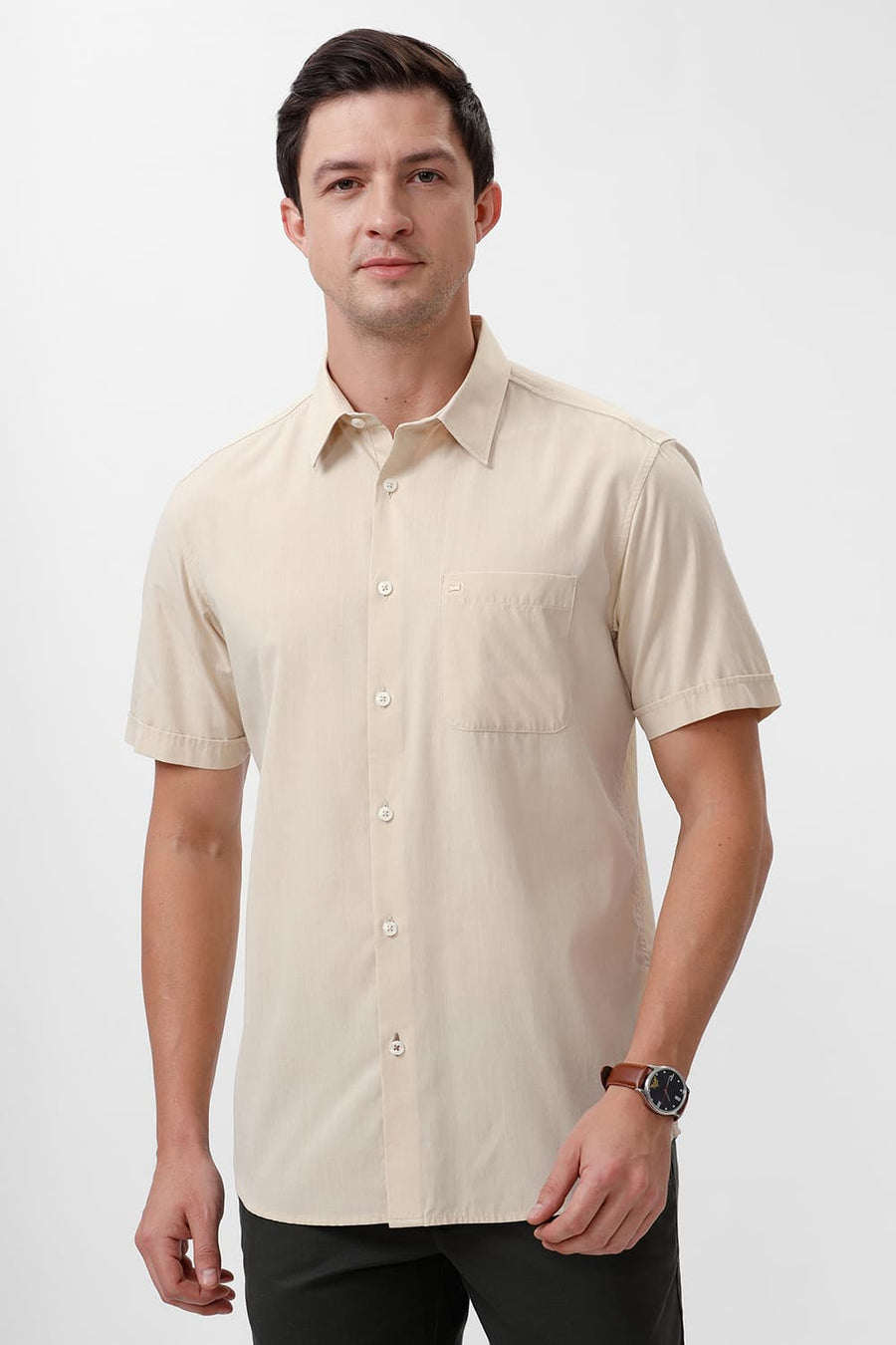 BASICS SLIM FIT ANGORA BEIGE COTTON POLYESTER VISCOSE HALFSLEEVES SHIRT