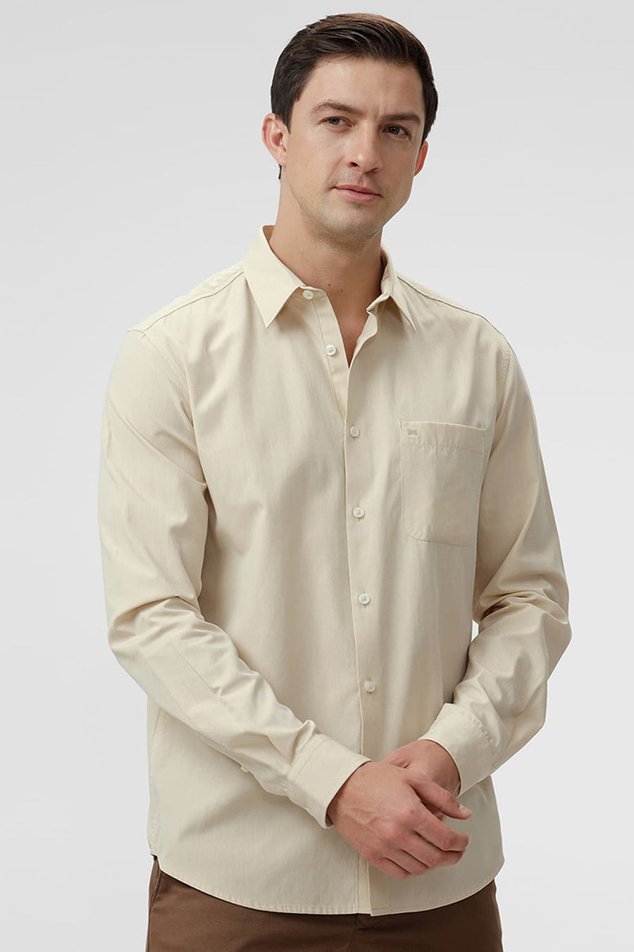 BASICS SLIM FIT ANGORA BEIGE COTTON POLYESTER VISCOSE SHIRT