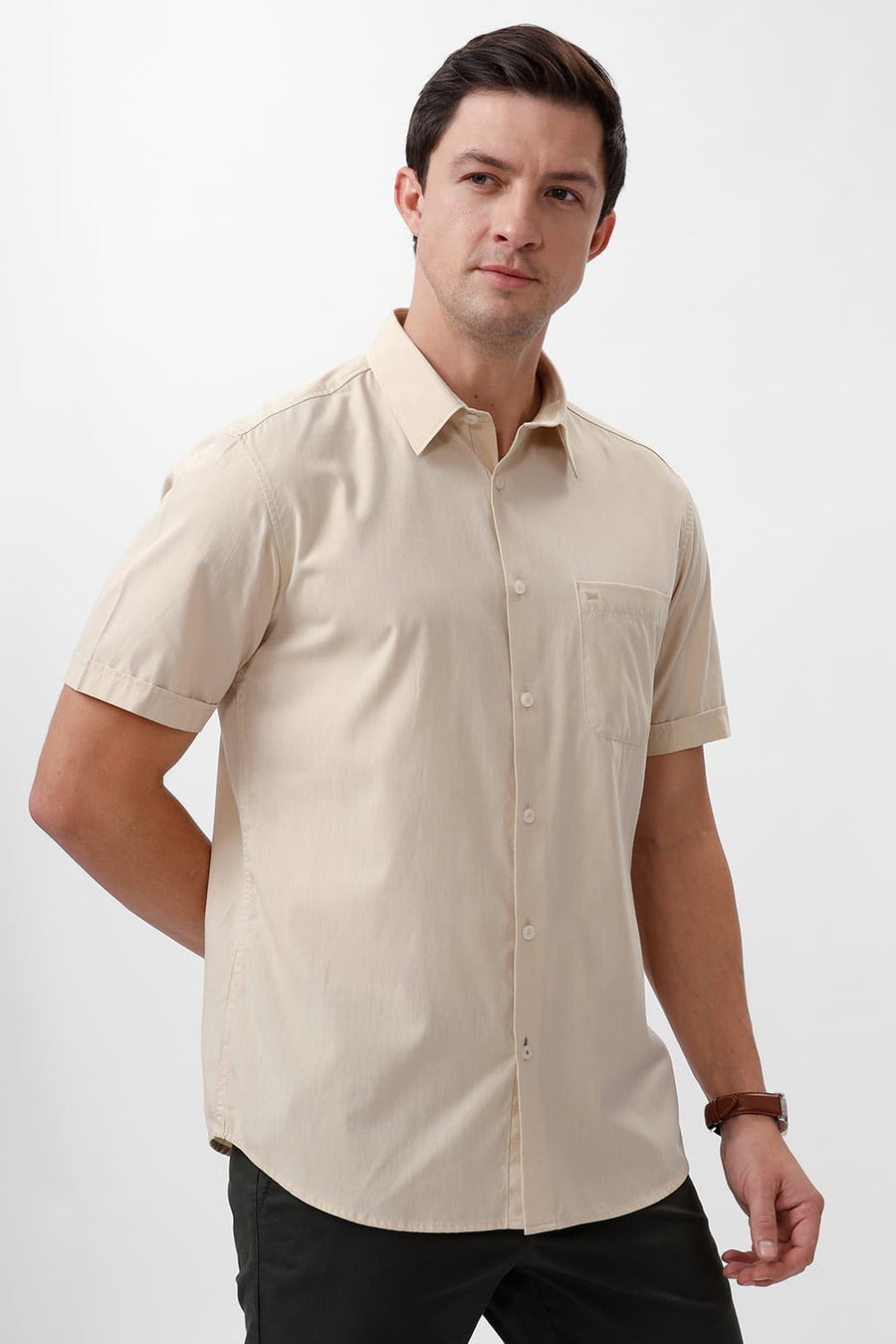BASICS SLIM FIT ANGORA BEIGE COTTON POLYESTER VISCOSE HALFSLEEVES SHIRT