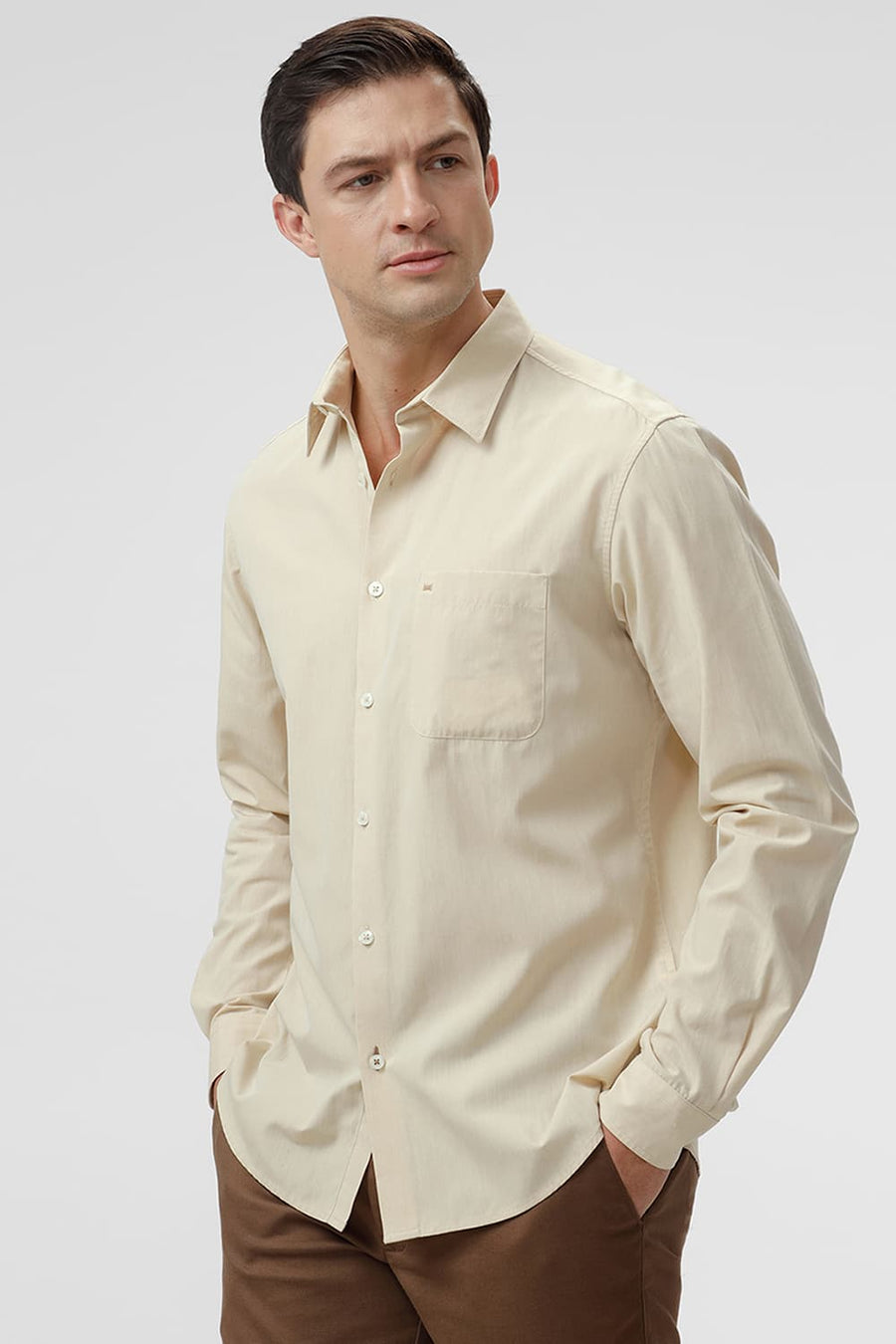 BASICS SLIM FIT ANGORA BEIGE COTTON POLYESTER VISCOSE SHIRT