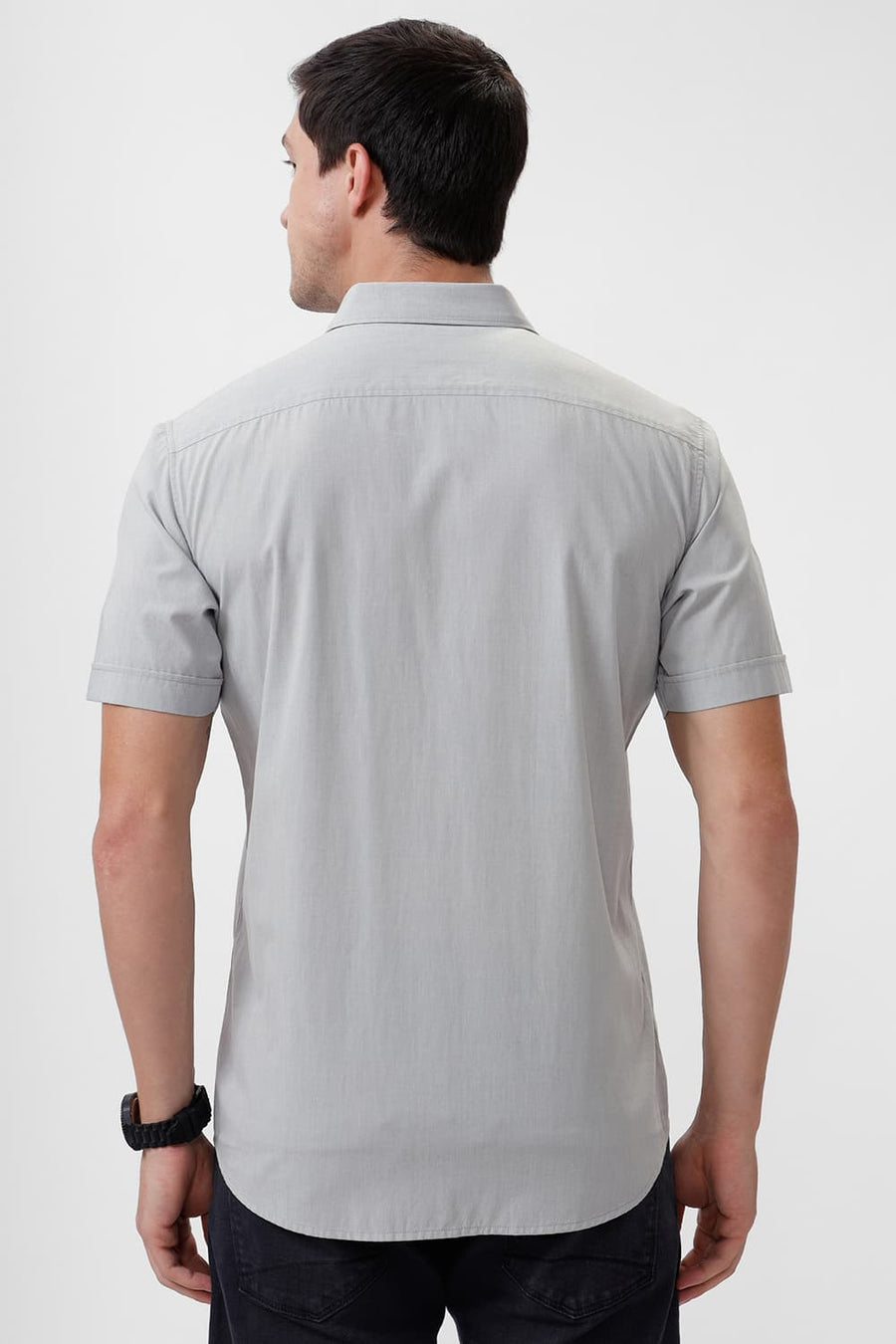 BASICS SLIM FIT VAPOR GREY COTTON POLYESTER VISCOSE HALFSLEEVES SHIRT
