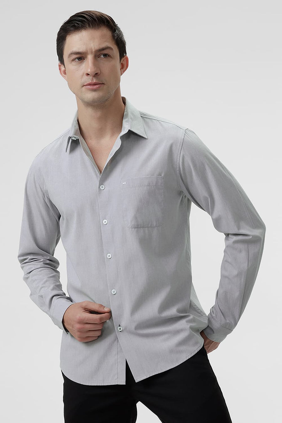 BASICS SLIM FIT VAPOR GREY COTTON POLYESTER VISCOSE SHIRT