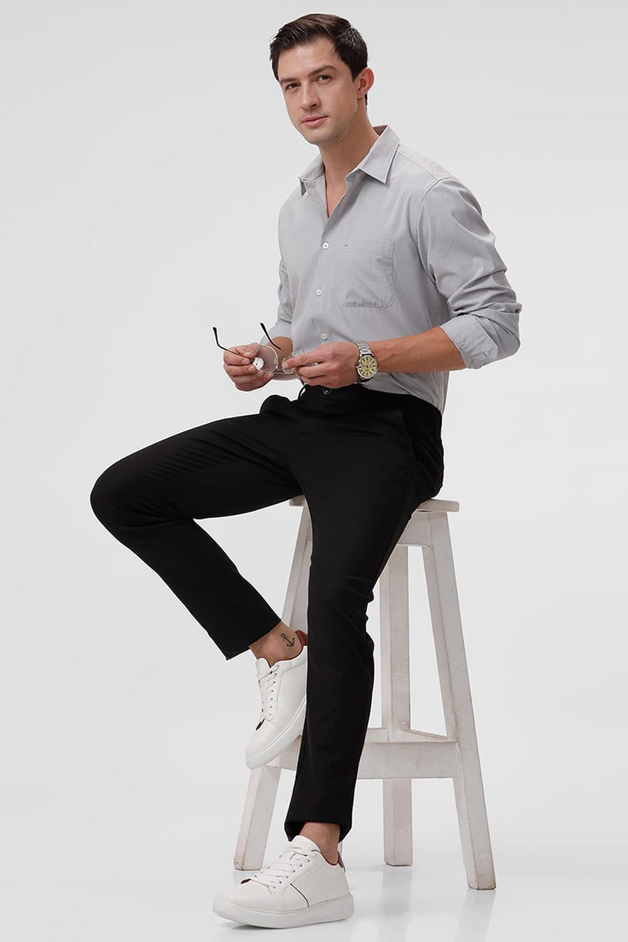 BASICS SLIM FIT VAPOR GREY COTTON POLYESTER VISCOSE SHIRT