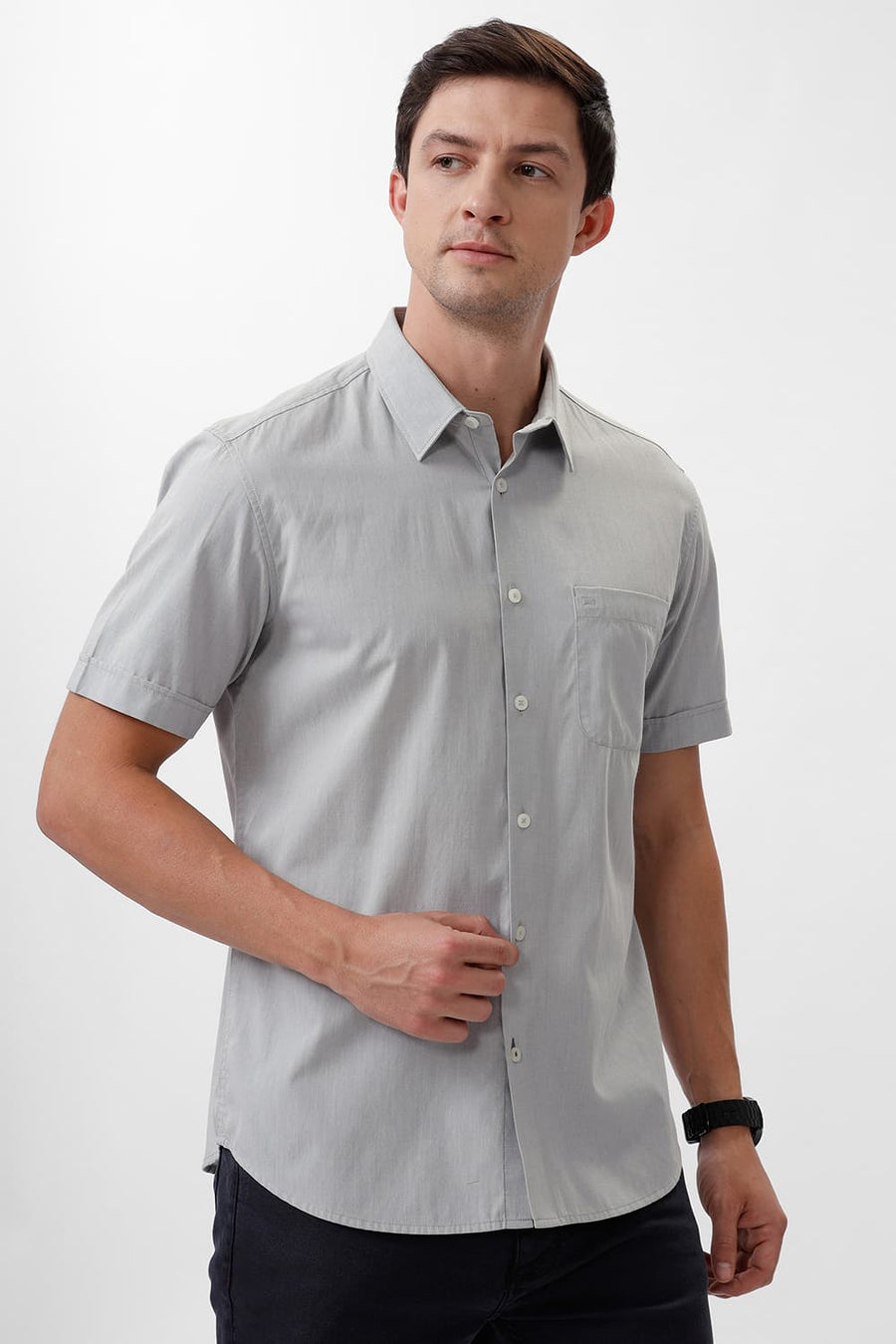 BASICS SLIM FIT VAPOR GREY COTTON POLYESTER VISCOSE HALFSLEEVES SHIRT