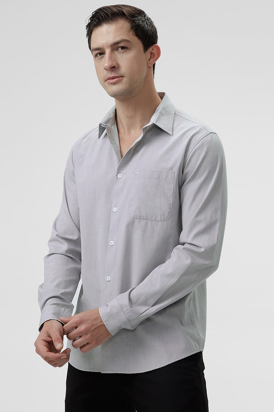 BASICS SLIM FIT VAPOR GREY COTTON POLYESTER VISCOSE SHIRT