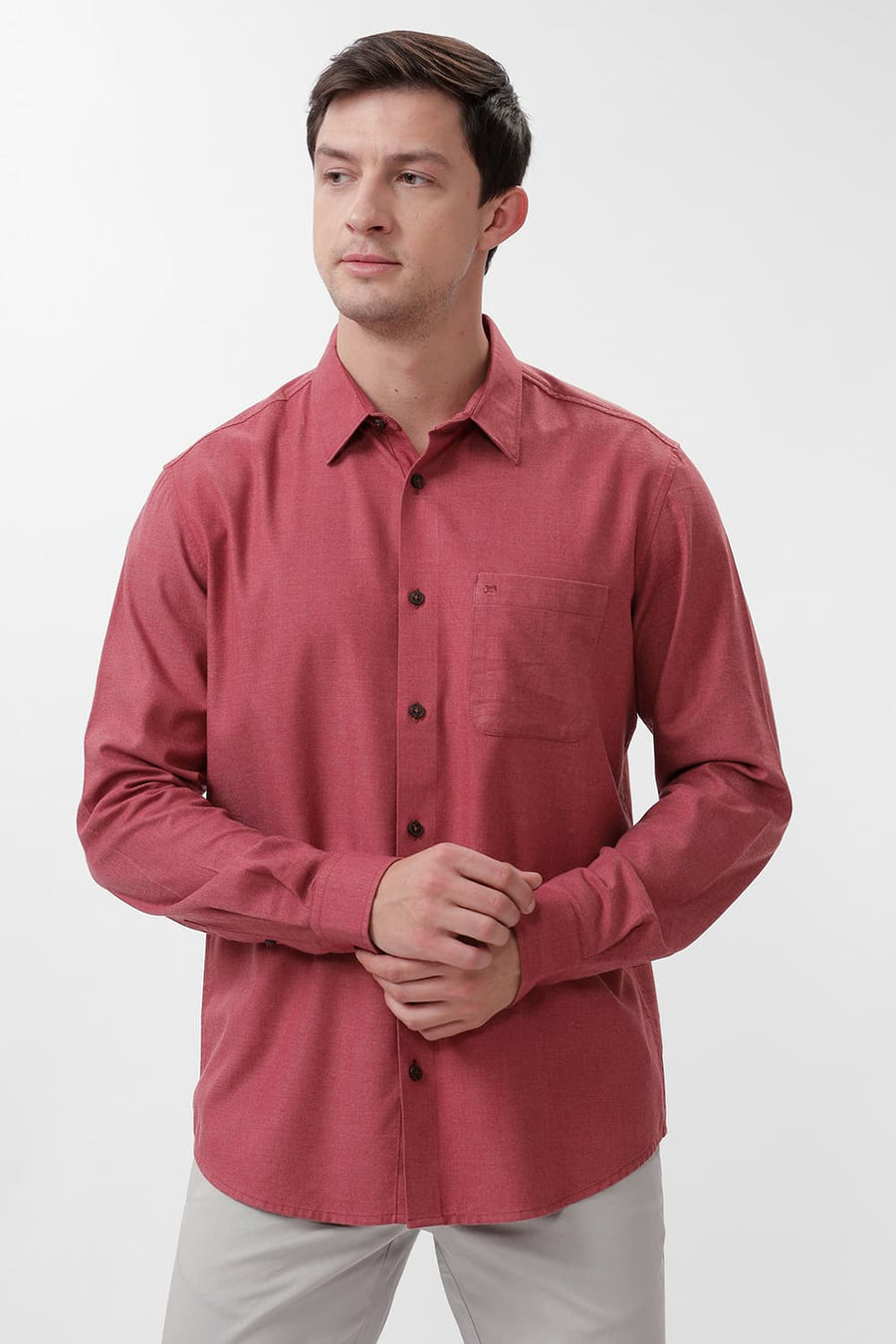 BASICS SLIM FIT EARTH RED PLOYESTER COTTON LYOCEL MELANGE SHIRT