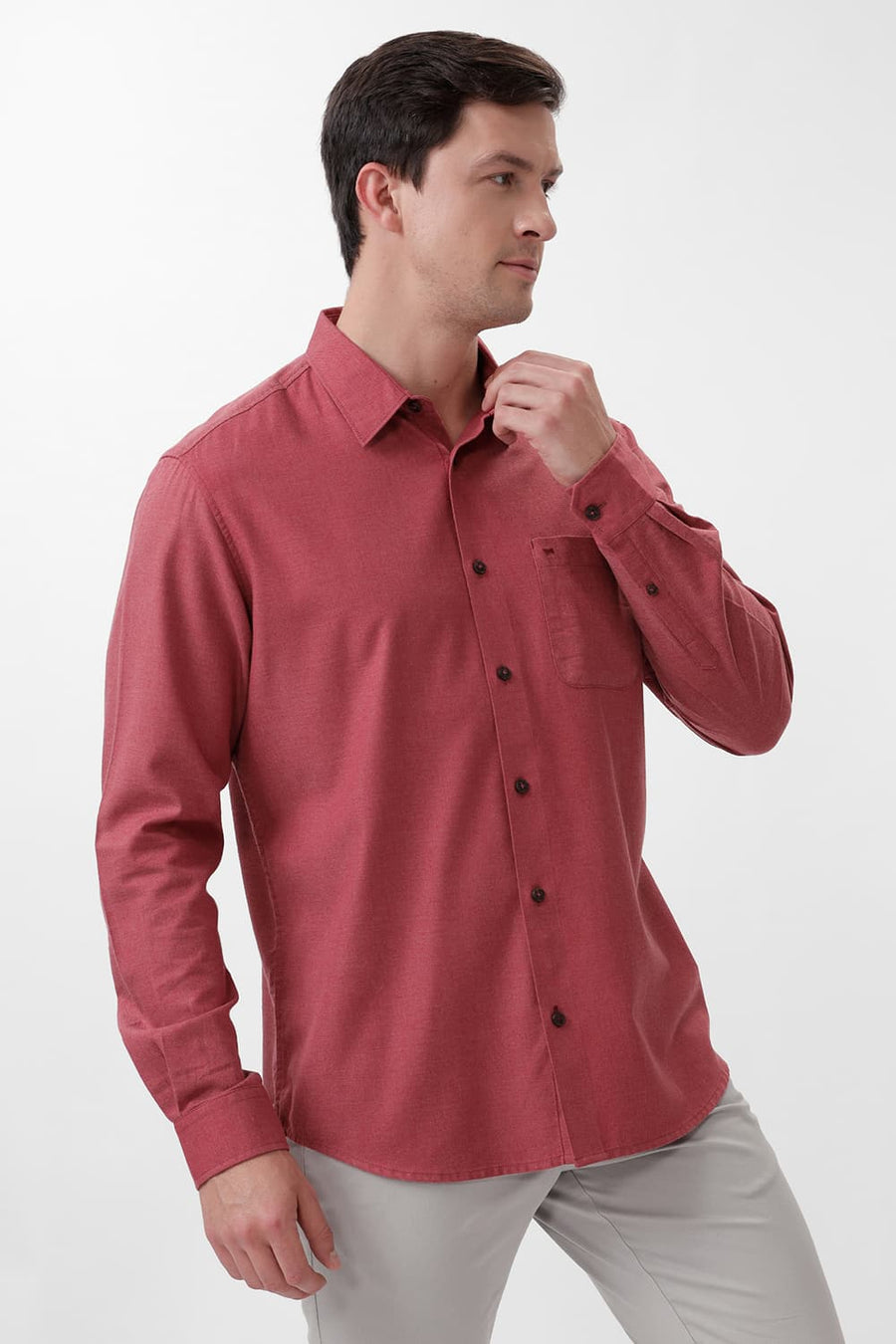 BASICS SLIM FIT EARTH RED PLOYESTER COTTON LYOCEL MELANGE SHIRT