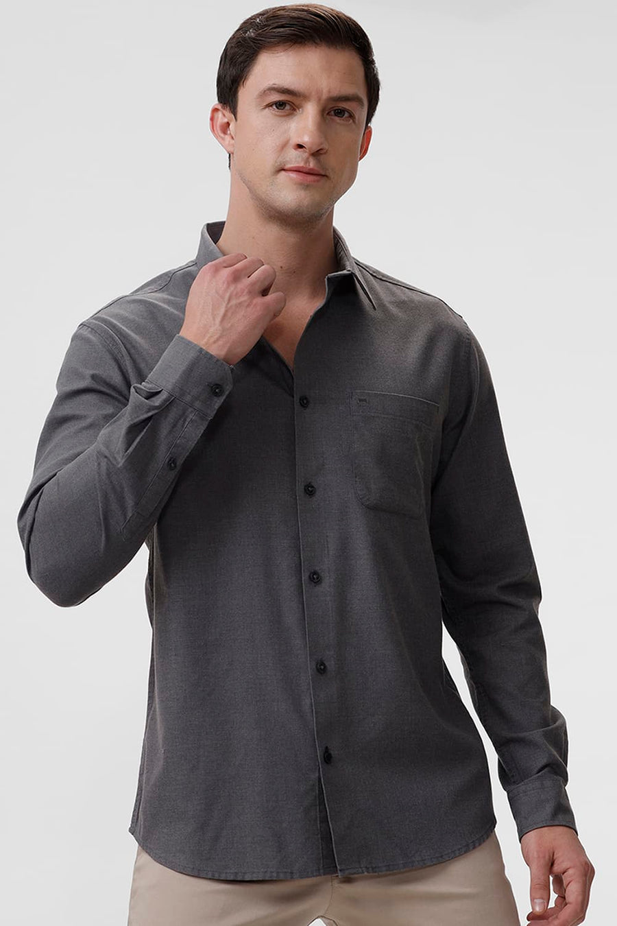 BASICS SLIM FIT GREY THUNDERSTORM PLOYESTER COTTON LYOCEL MELANGE SHIRT