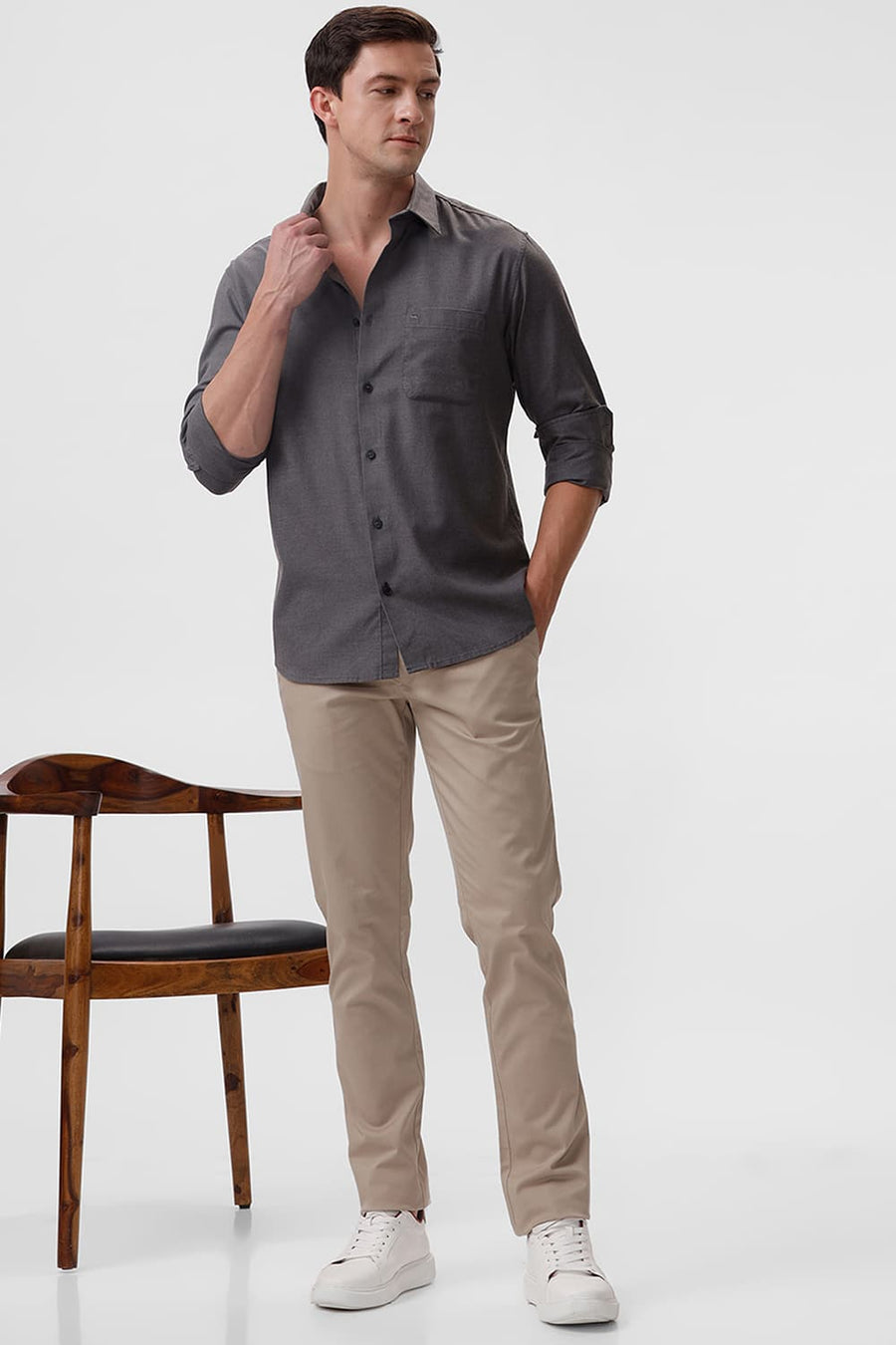 BASICS SLIM FIT GREY THUNDERSTORM PLOYESTER COTTON LYOCEL MELANGE SHIRT