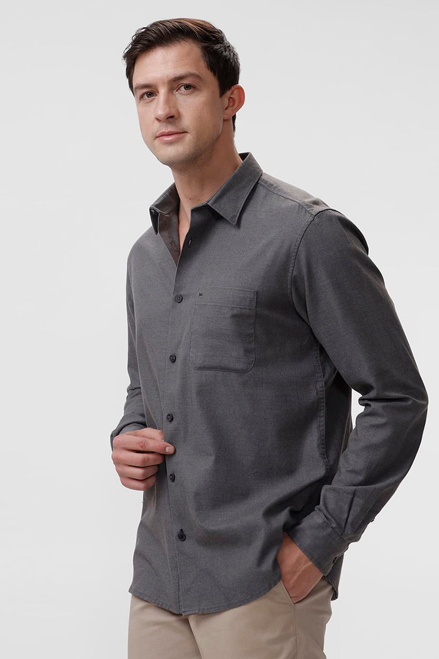 BASICS SLIM FIT GREY THUNDERSTORM PLOYESTER COTTON LYOCEL MELANGE SHIRT