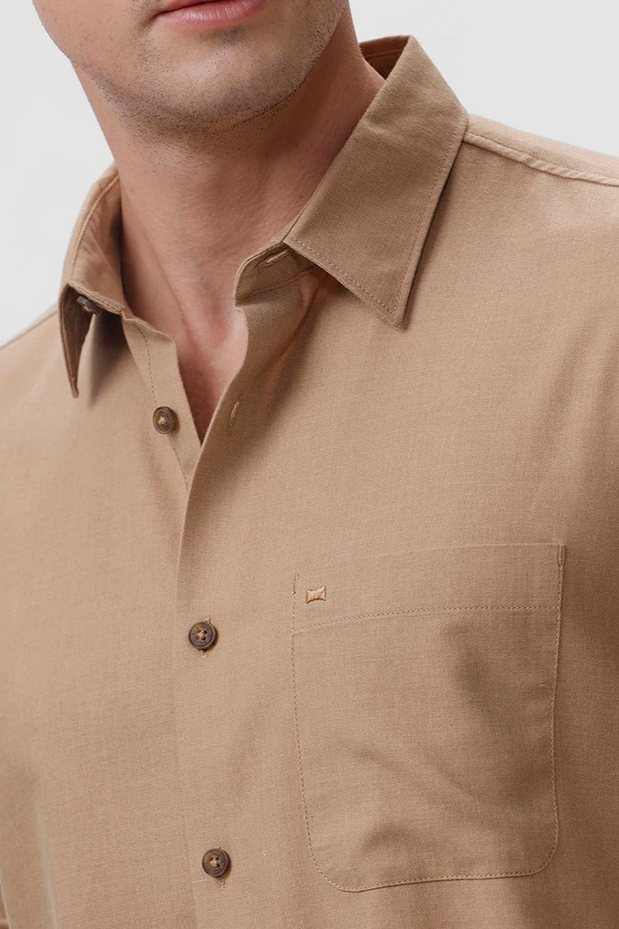 BASICS SLIM FIT ICE KHAKI PLOYESTER COTTON LYOCEL MELANGE SHIRT