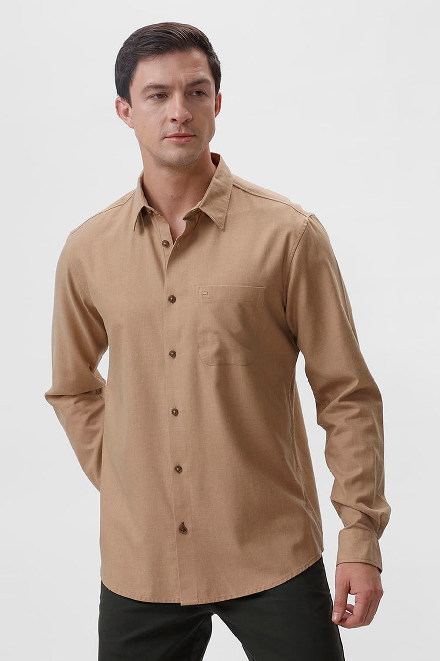 BASICS SLIM FIT ICE KHAKI PLOYESTER COTTON LYOCEL MELANGE SHIRT