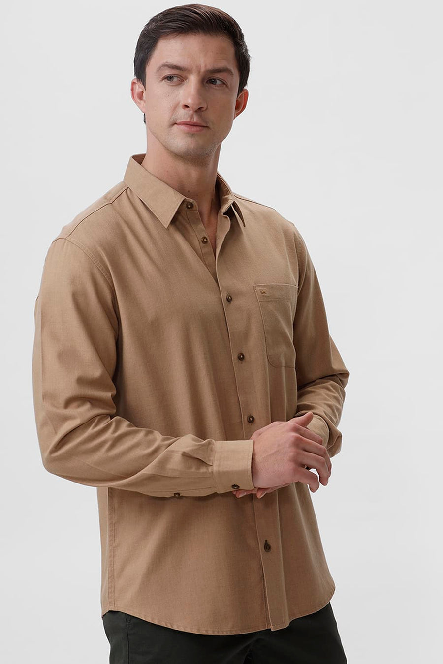 BASICS SLIM FIT ICE KHAKI PLOYESTER COTTON LYOCEL MELANGE SHIRT