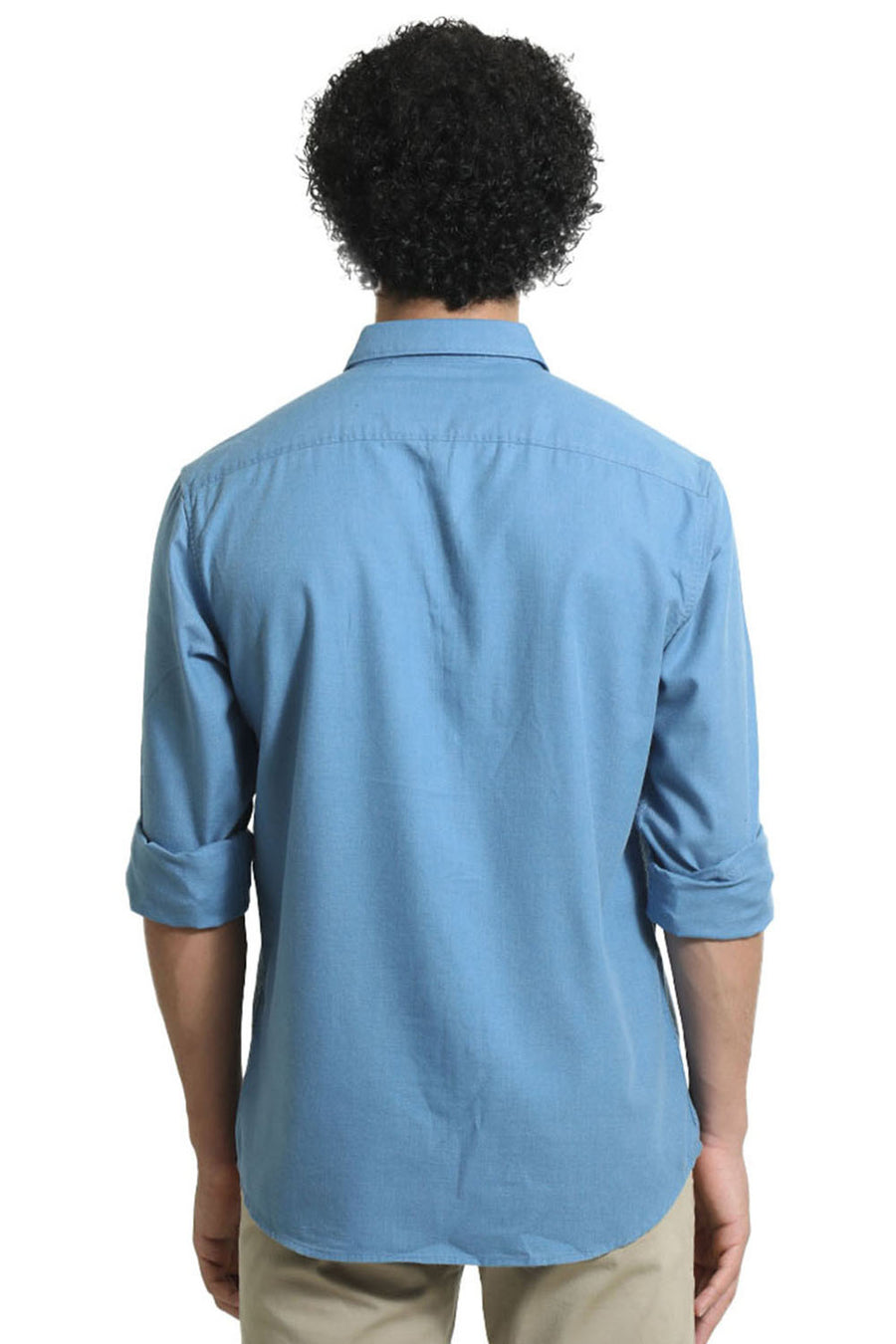 BASICS SLIM FIT BLUE JASPER PLOYESTER COTTON LYOCEL MELANGE SHIRT