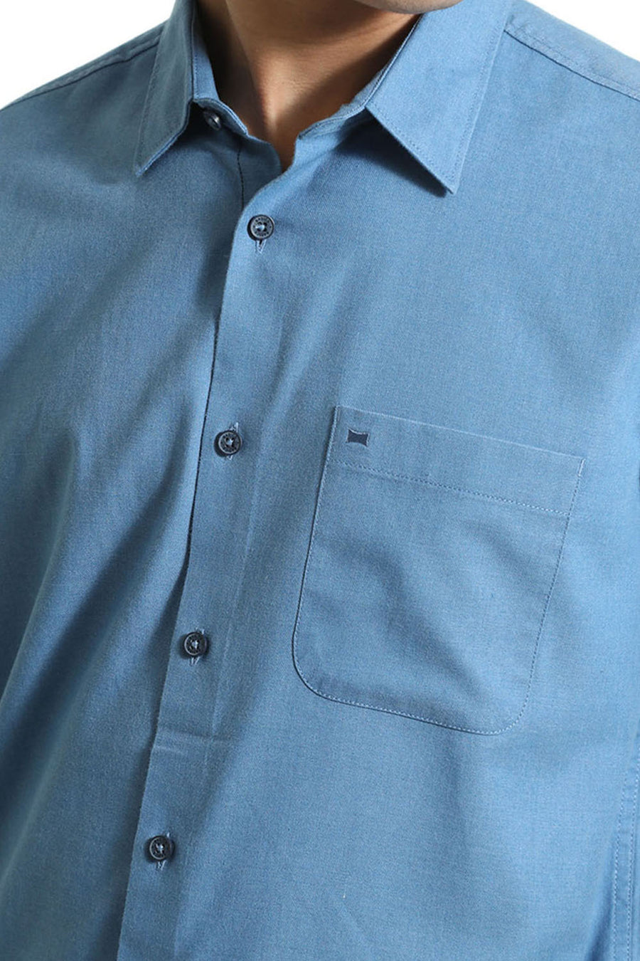 BASICS SLIM FIT BLUE JASPER PLOYESTER COTTON LYOCEL MELANGE SHIRT