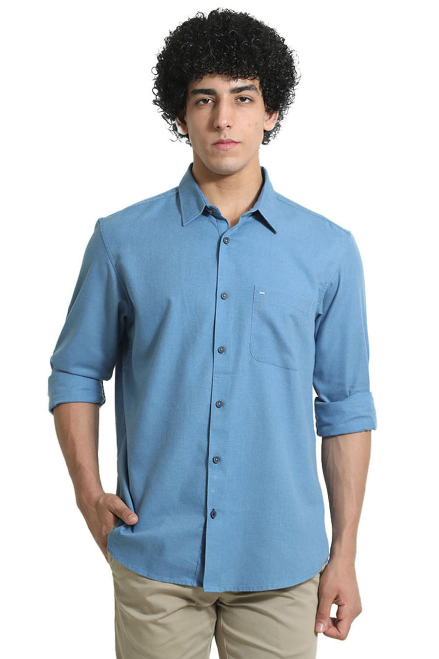 BASICS SLIM FIT BLUE JASPER PLOYESTER COTTON LYOCEL MELANGE SHIRT