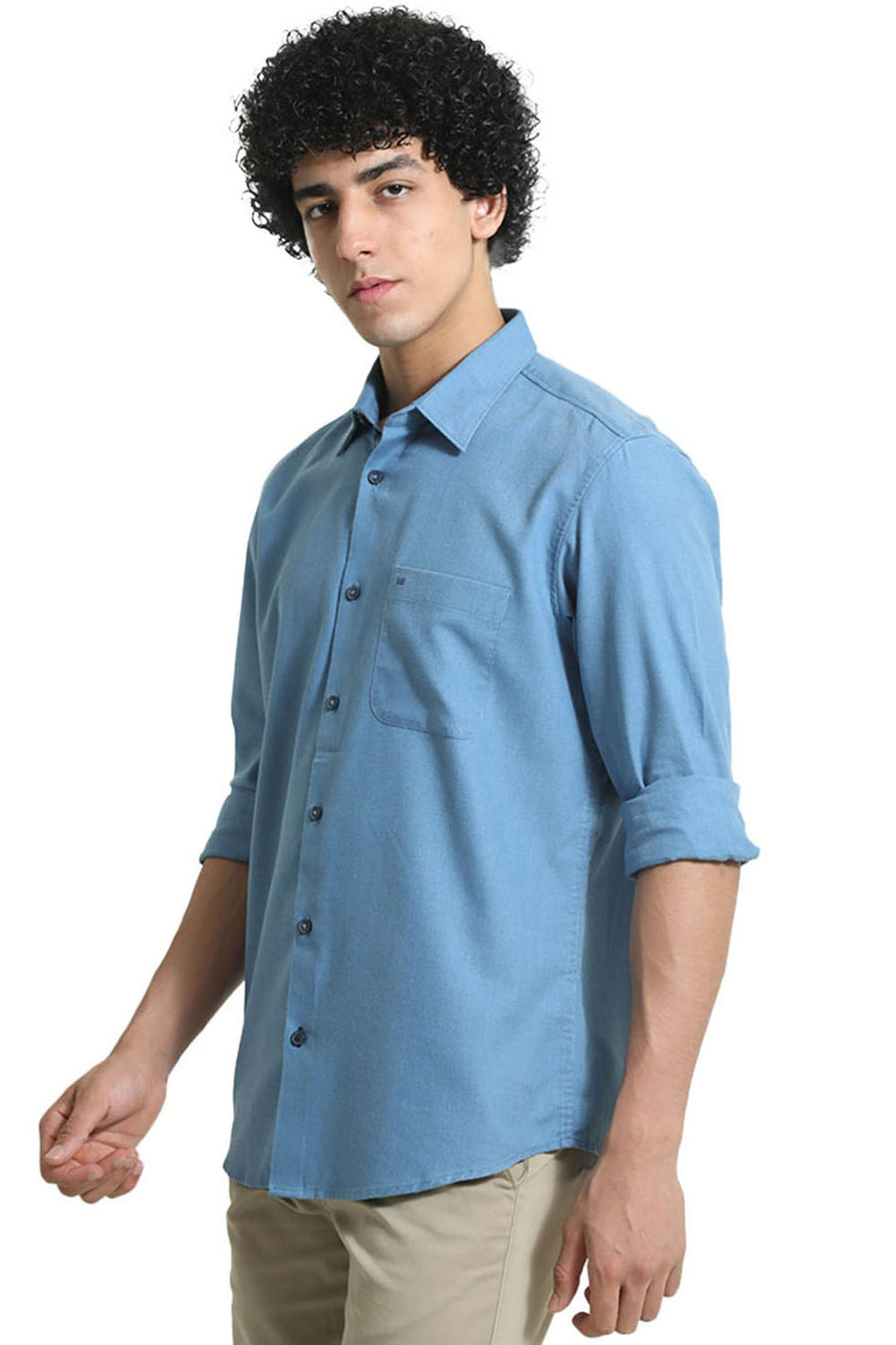 BASICS SLIM FIT BLUE JASPER PLOYESTER COTTON LYOCEL MELANGE SHIRT