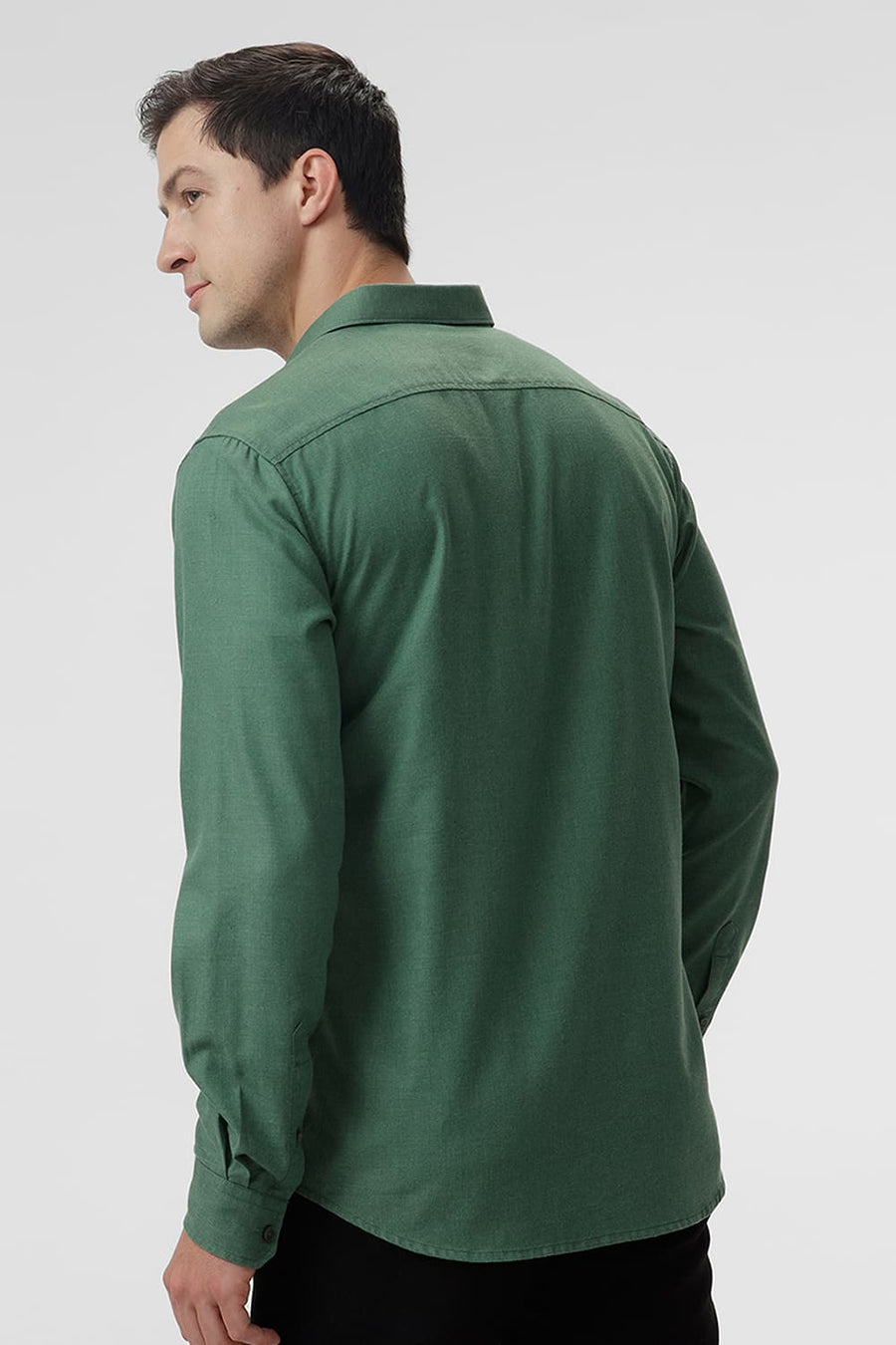 BASICS SLIM FIT ELM GREEN PLOYESTER COTTON LYOCEL MELANGE SHIRT