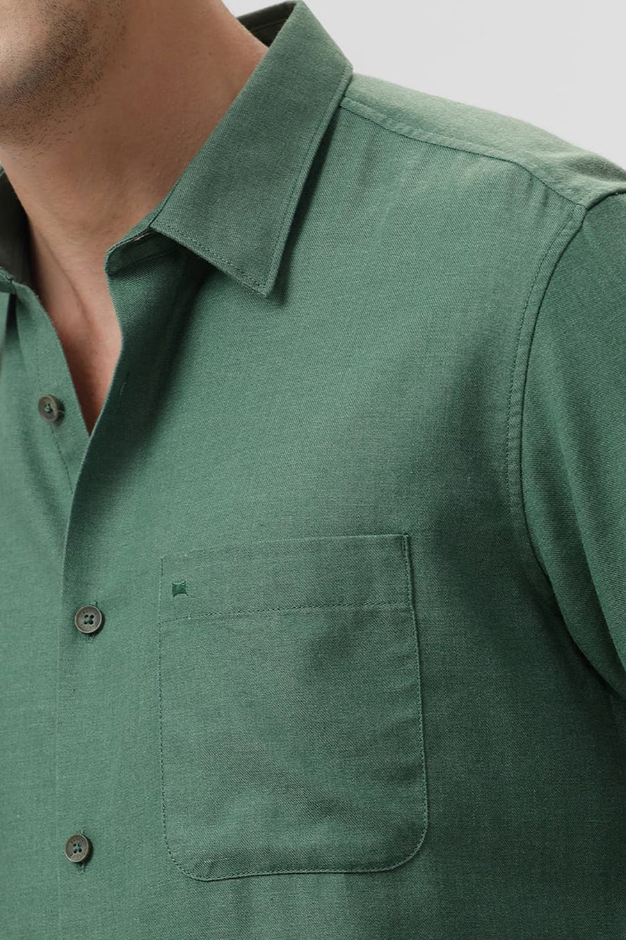 BASICS SLIM FIT ELM GREEN PLOYESTER COTTON LYOCEL MELANGE SHIRT