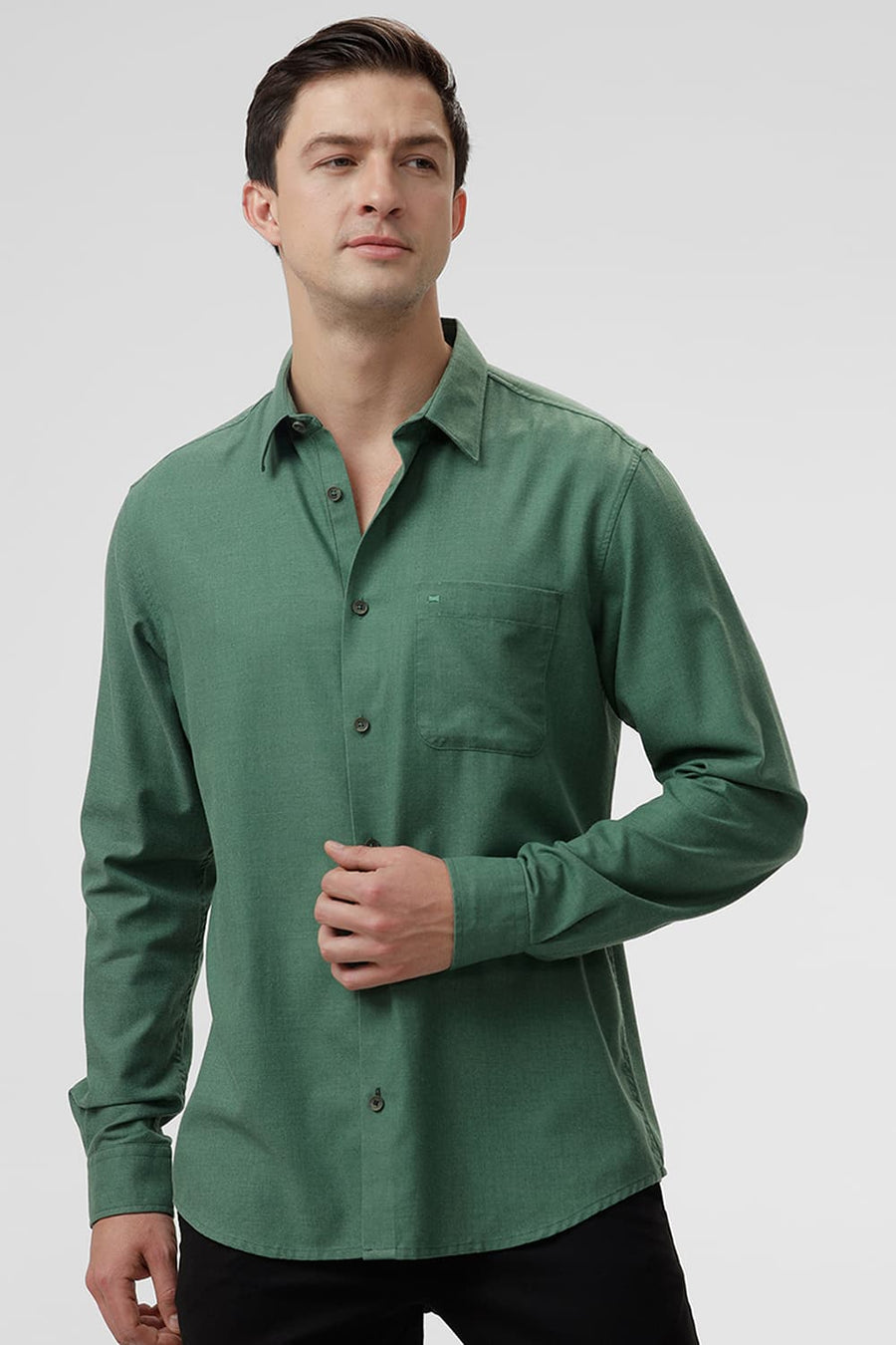 BASICS SLIM FIT ELM GREEN PLOYESTER COTTON LYOCEL MELANGE SHIRT