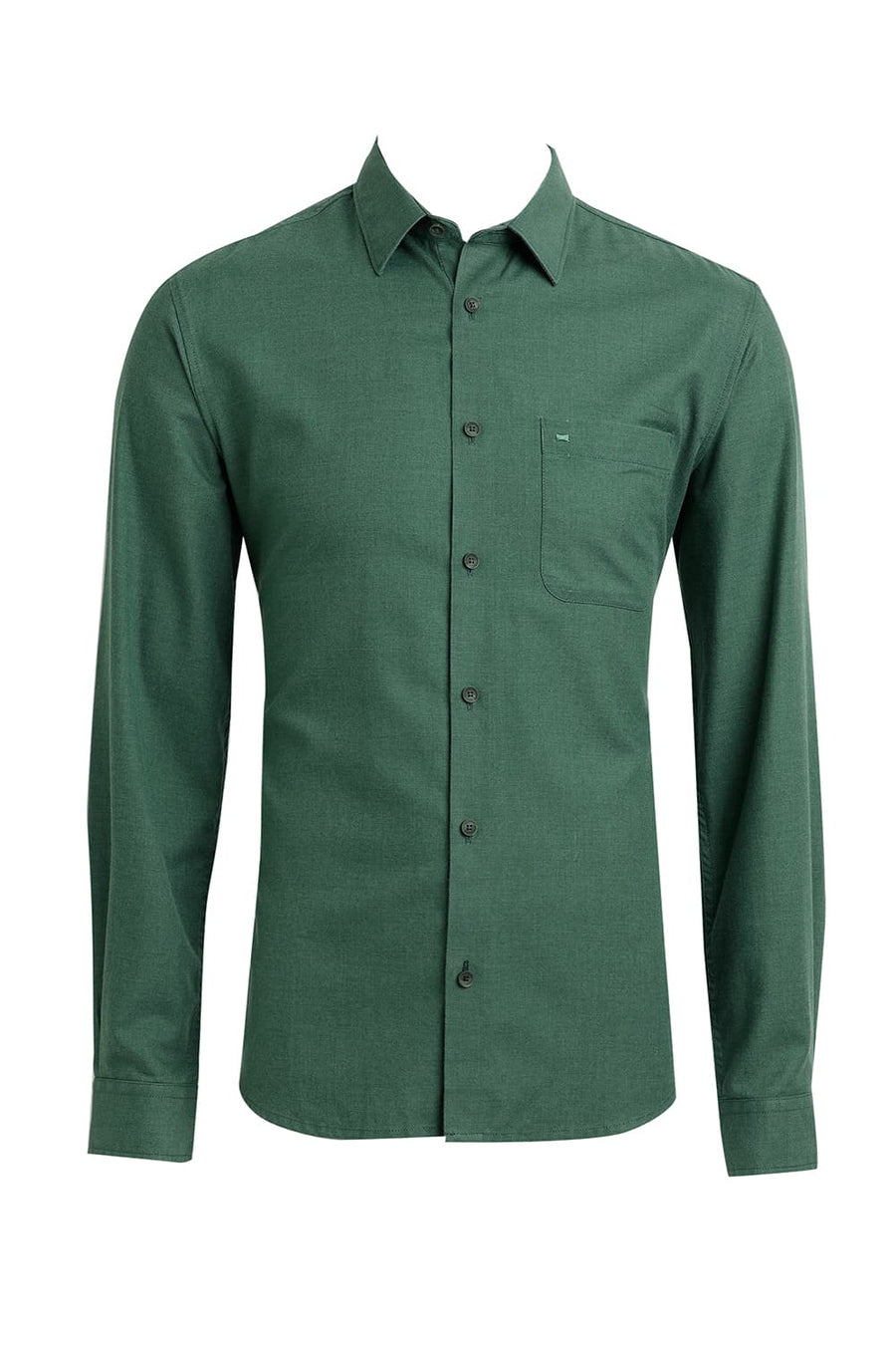 BASICS SLIM FIT ELM GREEN PLOYESTER COTTON LYOCEL MELANGE SHIRT