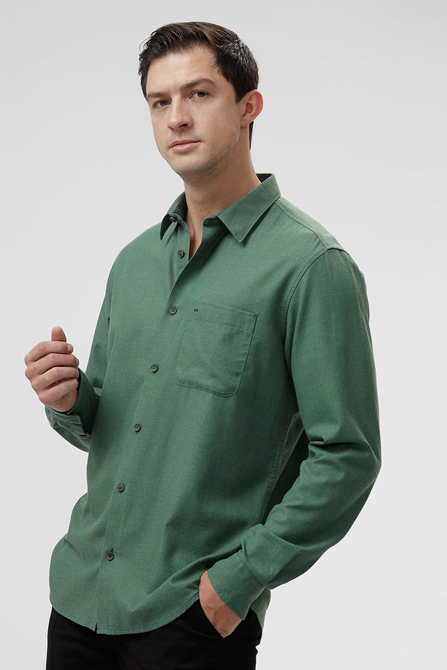 BASICS SLIM FIT ELM GREEN PLOYESTER COTTON LYOCEL MELANGE SHIRT