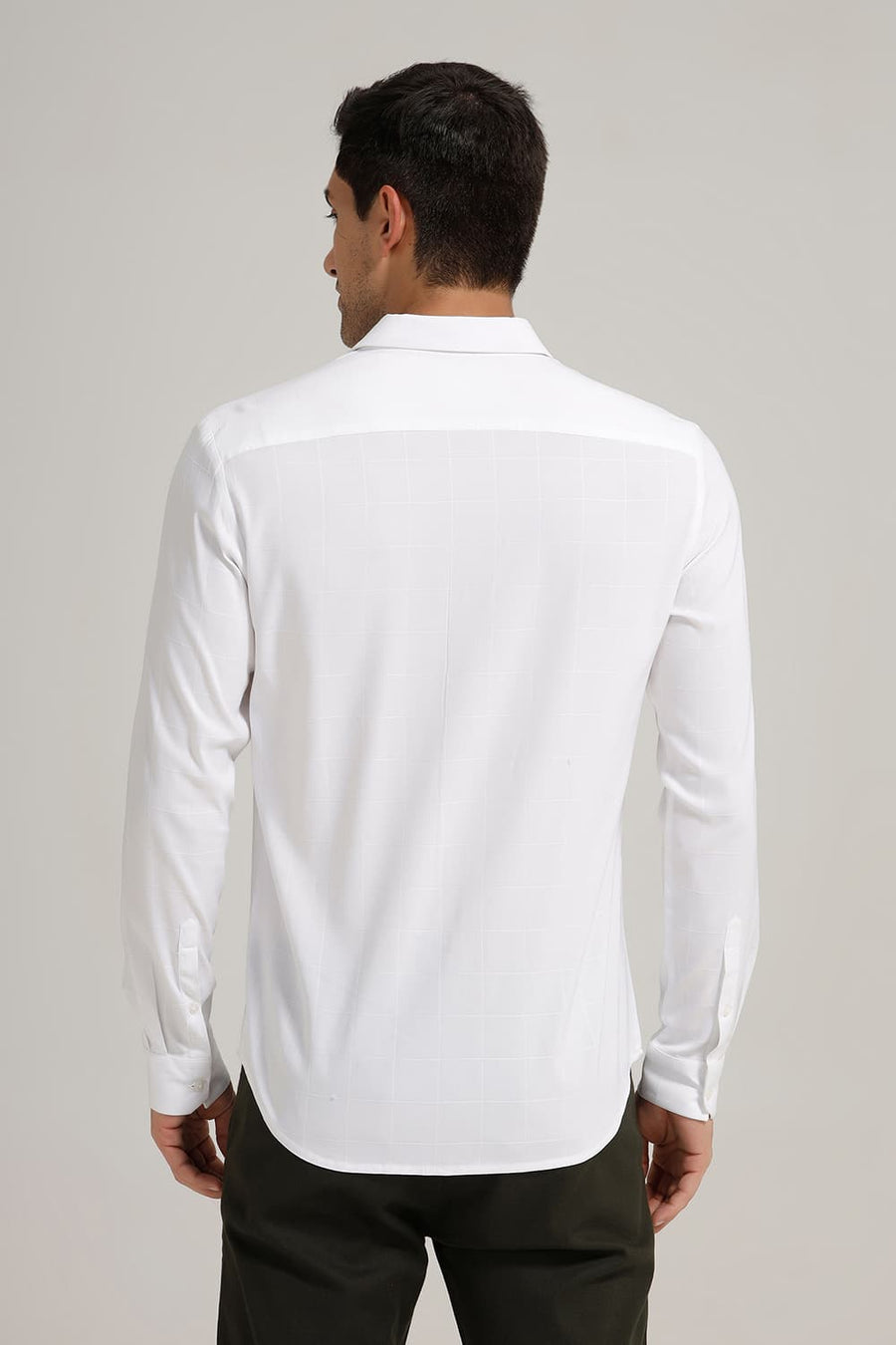 BASICS SLIM FIT LUCENT WHITE VISCOSE POLYESTER STRETCH CHECKS SHIRT