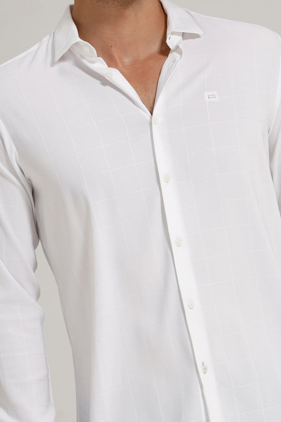 BASICS SLIM FIT LUCENT WHITE VISCOSE POLYESTER STRETCH CHECKS SHIRT