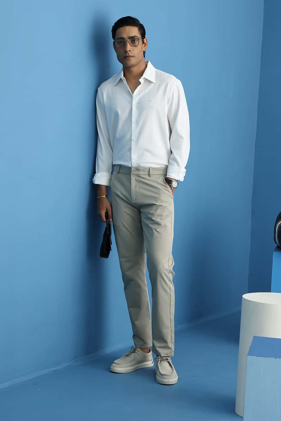Basics Slim Fit Lucent White Viscose Polyester Stretch Checks Shirt