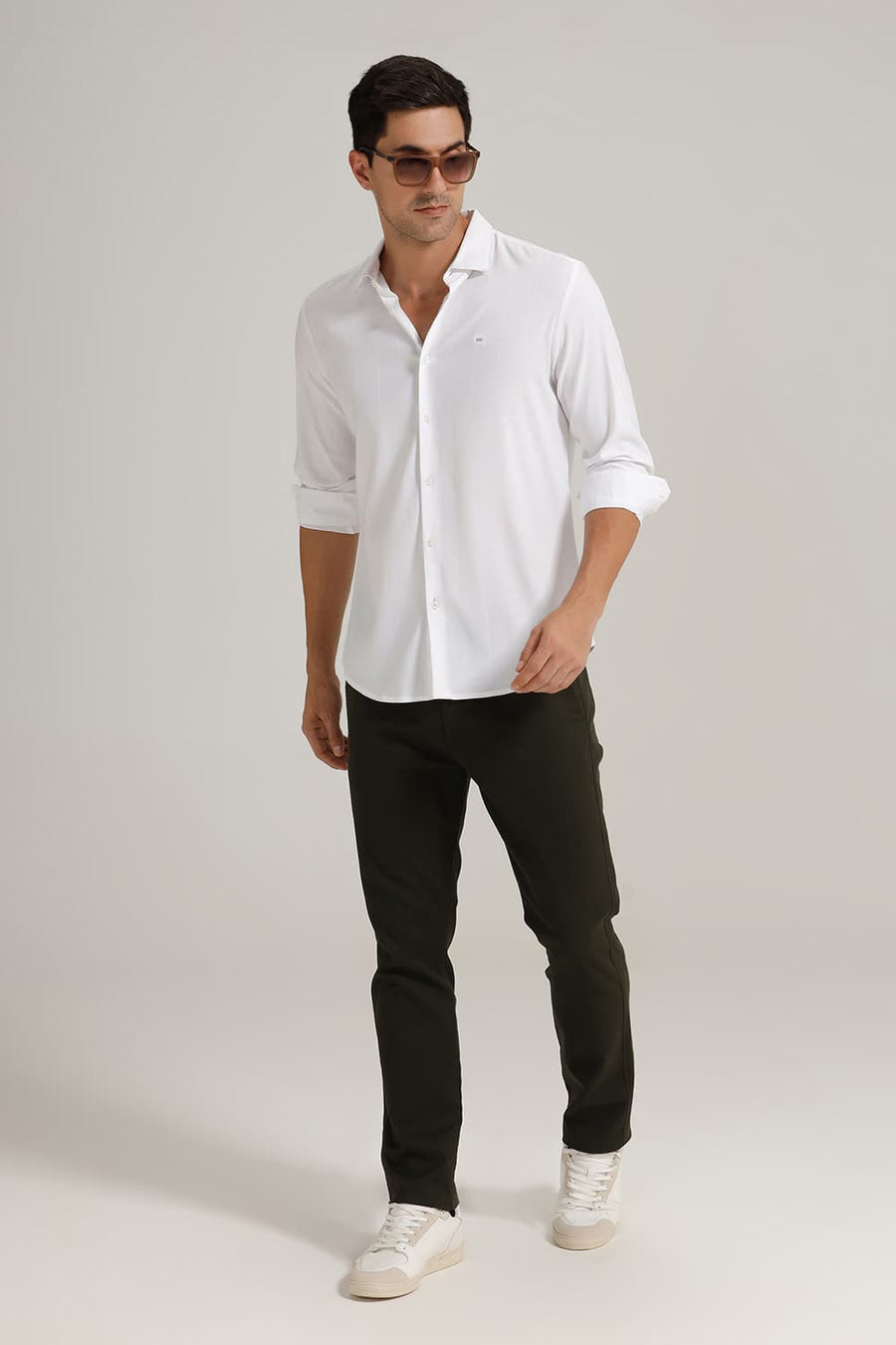 BASICS SLIM FIT LUCENT WHITE VISCOSE POLYESTER STRETCH CHECKS SHIRT