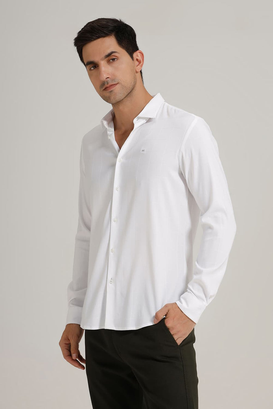 BASICS SLIM FIT LUCENT WHITE VISCOSE POLYESTER STRETCH CHECKS SHIRT
