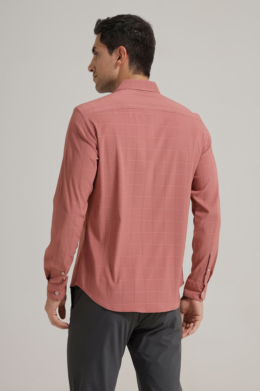 BASICS SLIM FIT BRICK PINK VISCOSE POLYESTER STRETCH CHECKS SHIRT