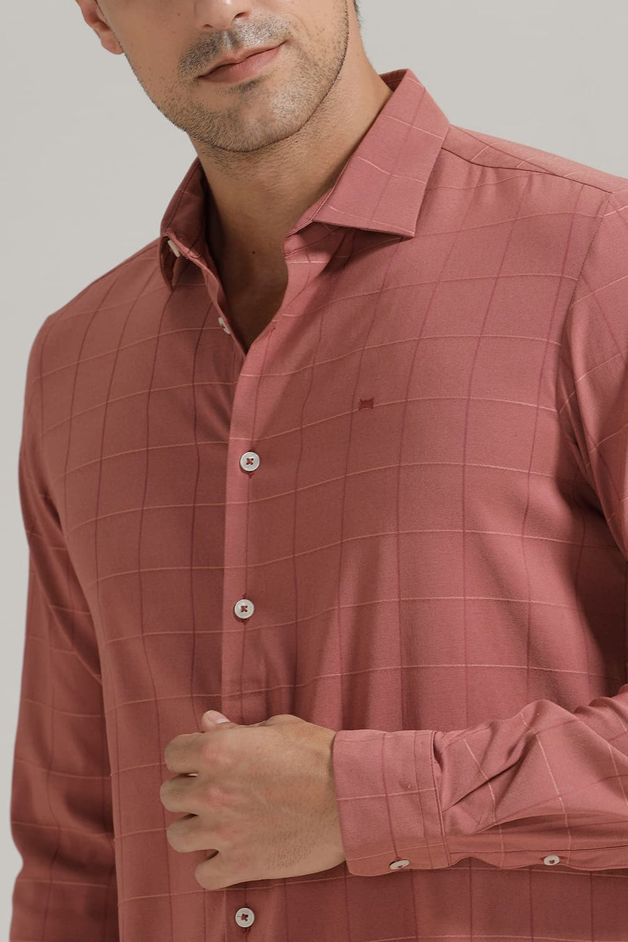 BASICS SLIM FIT BRICK PINK VISCOSE POLYESTER STRETCH CHECKS SHIRT
