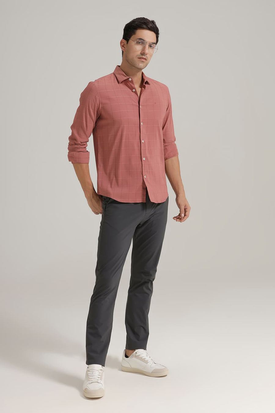 BASICS SLIM FIT BRICK PINK VISCOSE POLYESTER STRETCH CHECKS SHIRT