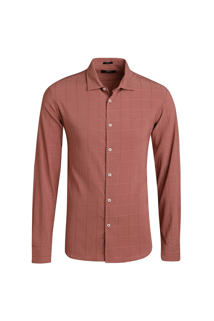 BASICS SLIM FIT BRICK PINK VISCOSE POLYESTER STRETCH CHECKS SHIRT