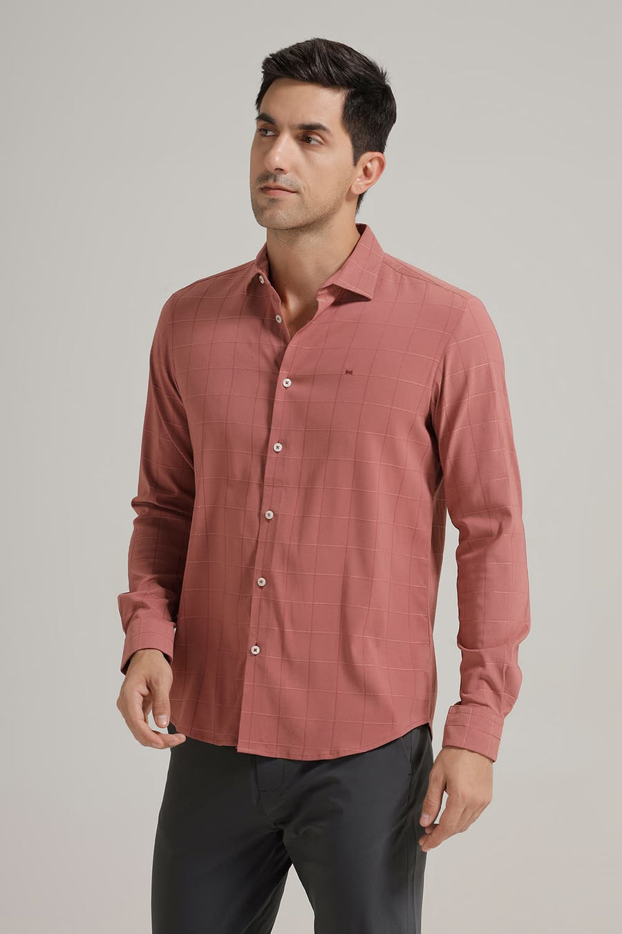 BASICS SLIM FIT BRICK PINK VISCOSE POLYESTER STRETCH CHECKS SHIRT
