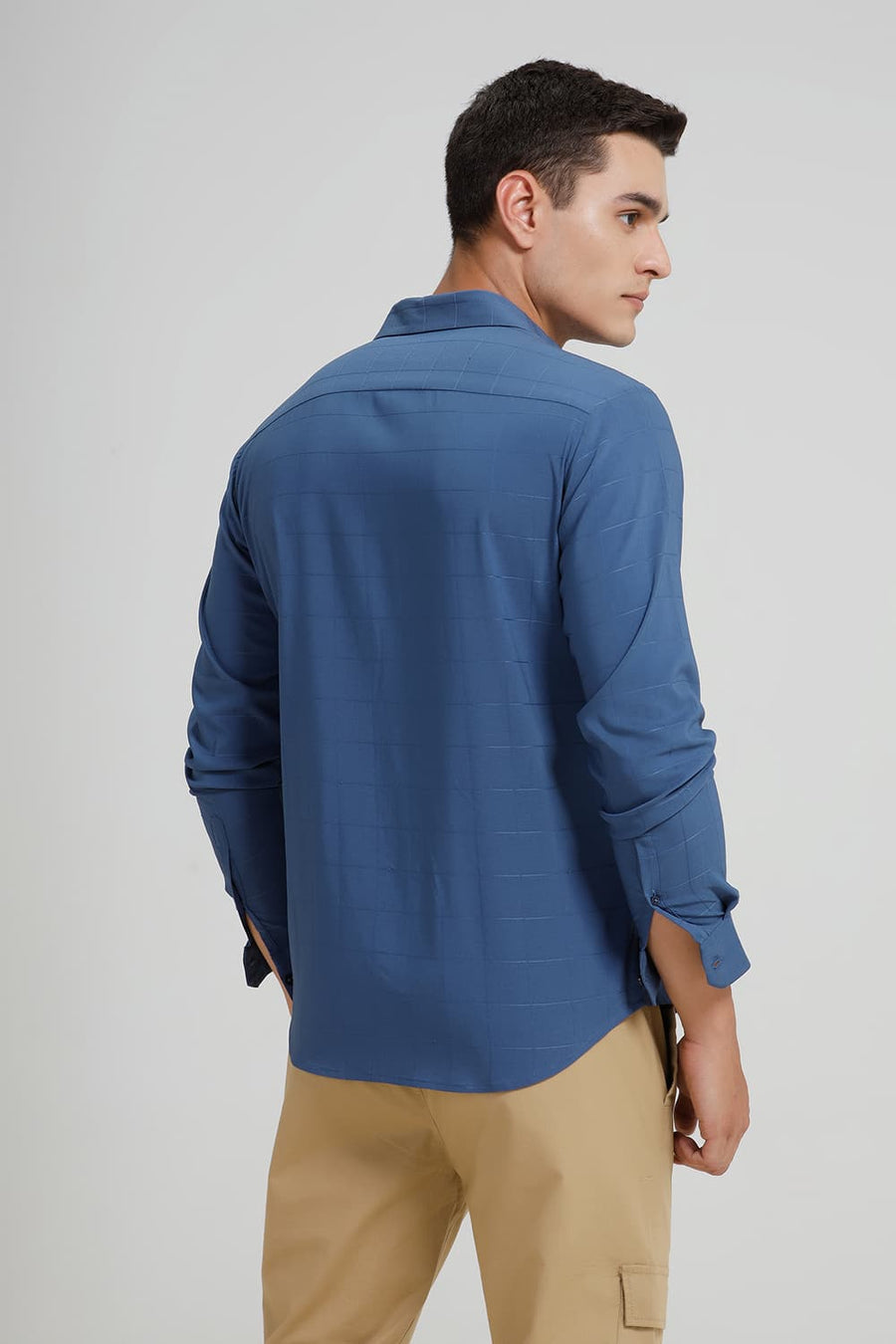 BASICS SLIM FIT TIDE BLUE VISCOSE POLYESTER STRETCH CHECKS SHIRT