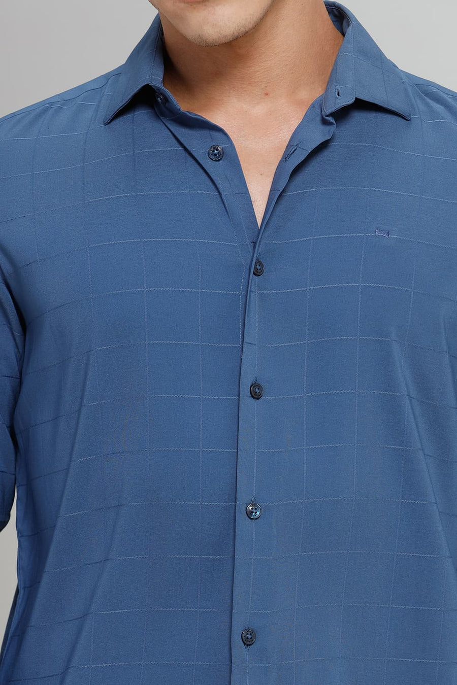 BASICS SLIM FIT TIDE BLUE VISCOSE POLYESTER STRETCH CHECKS SHIRT