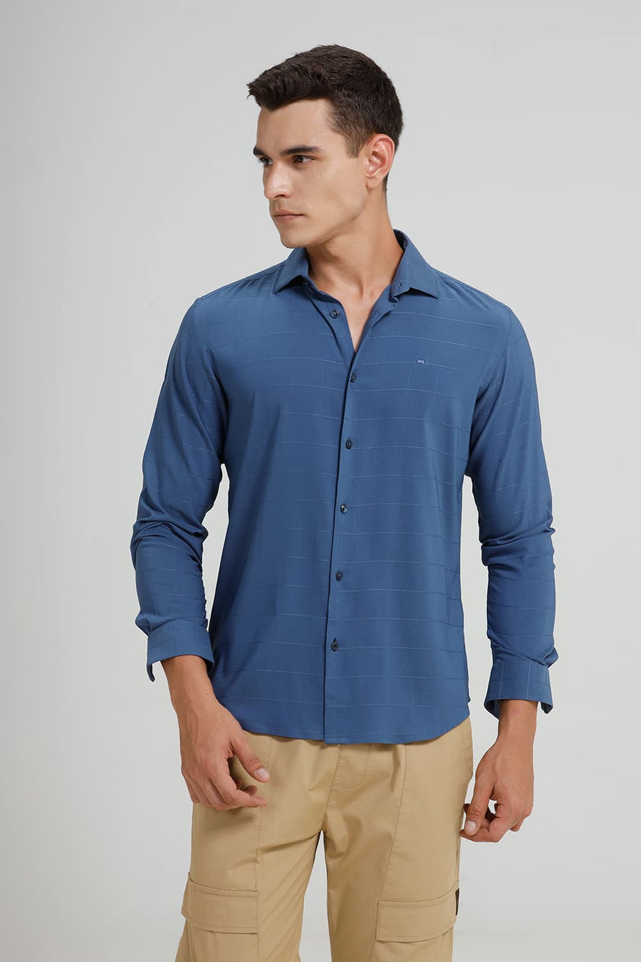 BASICS SLIM FIT TIDE BLUE VISCOSE POLYESTER STRETCH CHECKS SHIRT