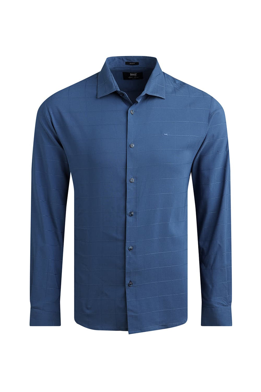 BASICS SLIM FIT TIDE BLUE VISCOSE POLYESTER STRETCH CHECKS SHIRT