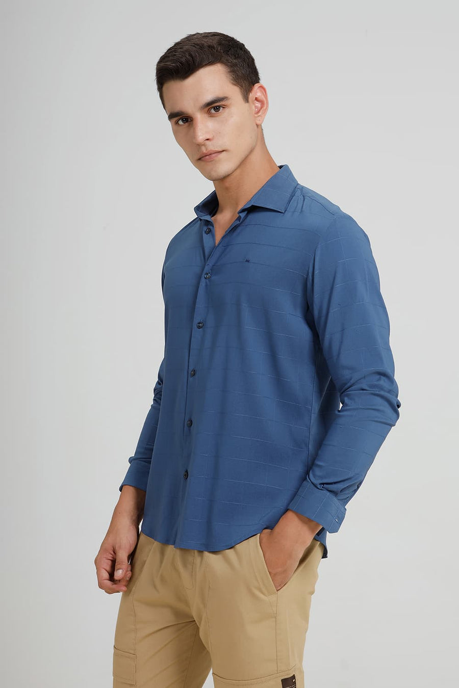 BASICS SLIM FIT TIDE BLUE VISCOSE POLYESTER STRETCH CHECKS SHIRT