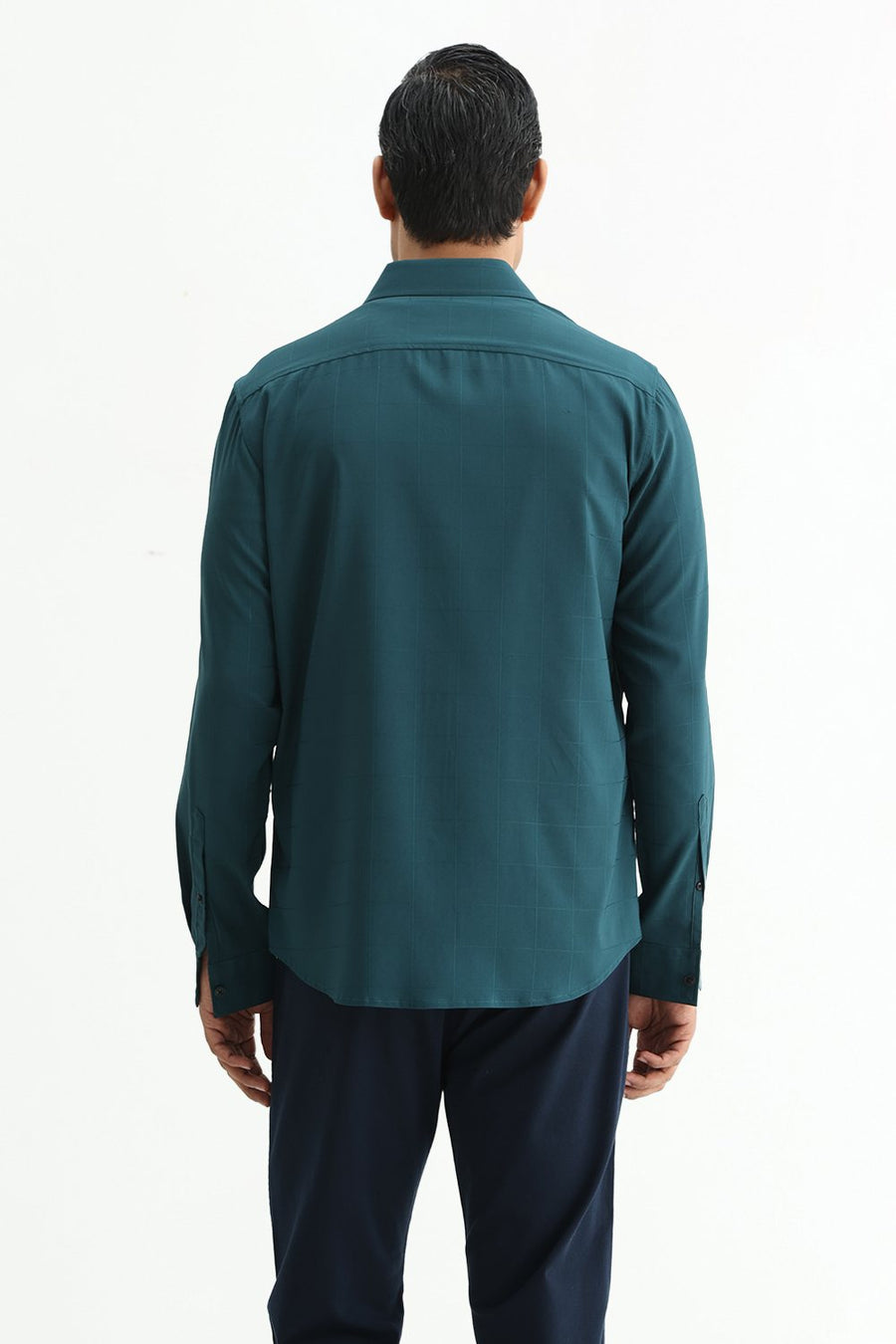 BASICS SLIM FIT GREEN SEA VISCOSE POLYESTER STRETCH CHECKS SHIRT