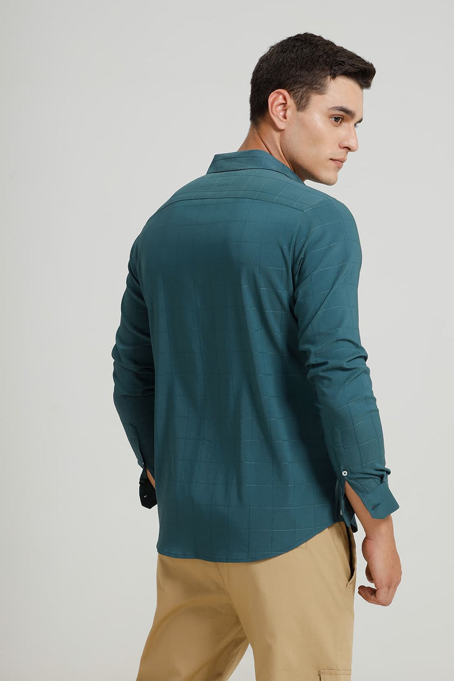 BASICS SLIM FIT GREEN SEA VISCOSE POLYESTER STRETCH CHECKS SHIRT