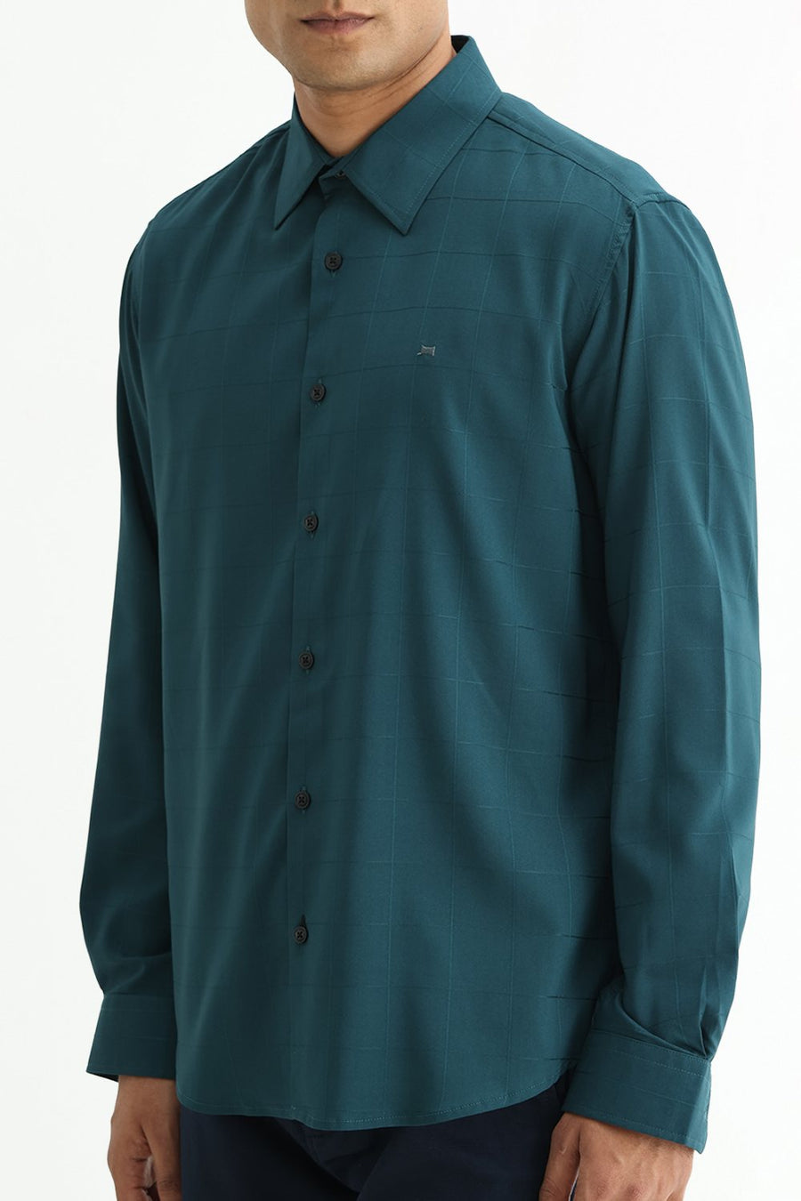 BASICS SLIM FIT GREEN SEA VISCOSE POLYESTER STRETCH CHECKS SHIRT