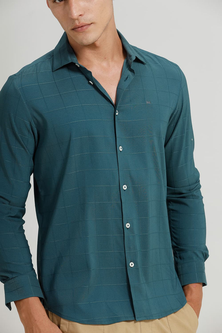 BASICS SLIM FIT GREEN SEA VISCOSE POLYESTER STRETCH CHECKS SHIRT