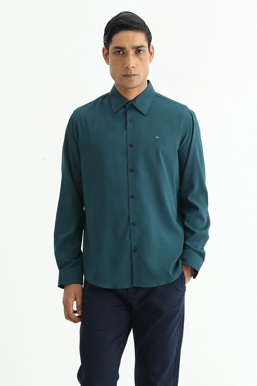 BASICS SLIM FIT GREEN SEA VISCOSE POLYESTER STRETCH CHECKS SHIRT