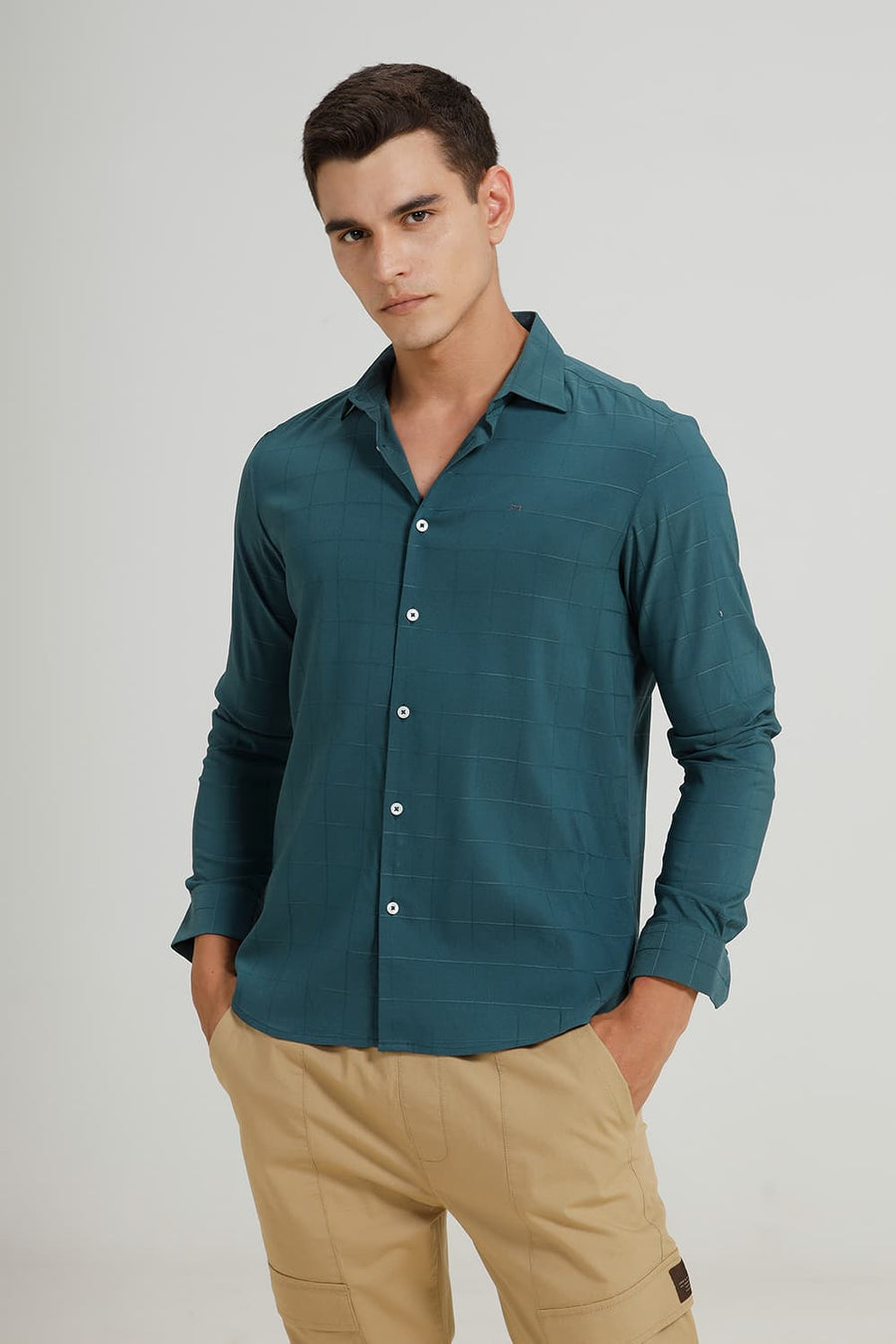 BASICS SLIM FIT GREEN SEA VISCOSE POLYESTER STRETCH CHECKS SHIRT