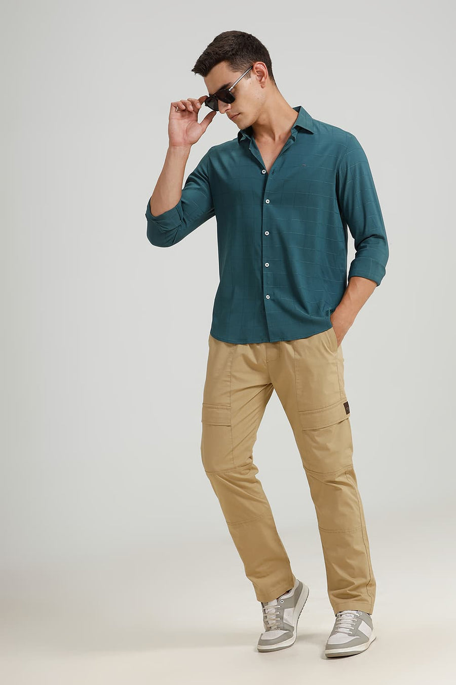 BASICS SLIM FIT GREEN SEA VISCOSE POLYESTER STRETCH CHECKS SHIRT