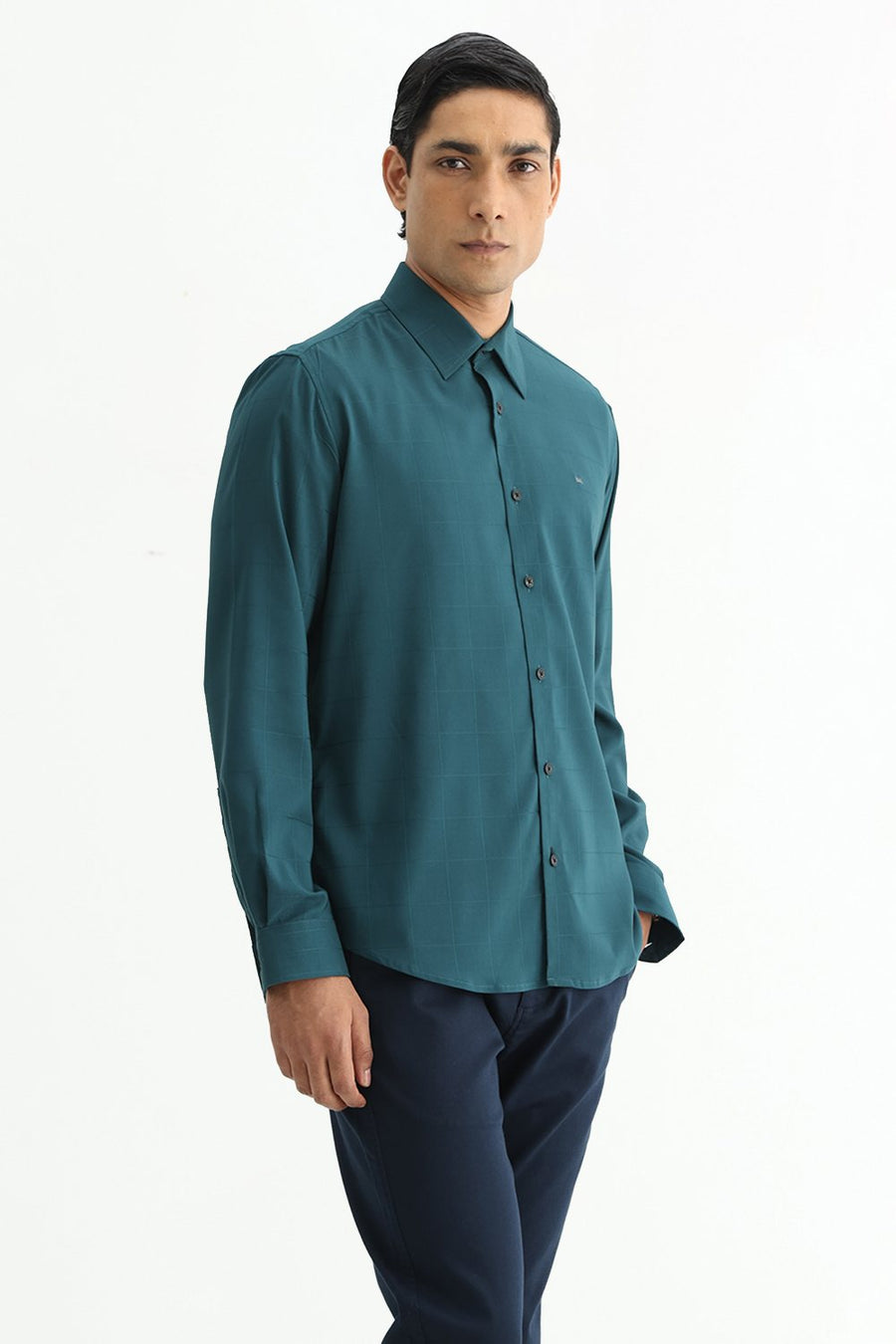 BASICS SLIM FIT GREEN SEA VISCOSE POLYESTER STRETCH CHECKS SHIRT