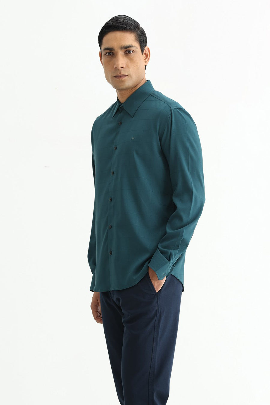 BASICS SLIM FIT GREEN SEA VISCOSE POLYESTER STRETCH CHECKS SHIRT